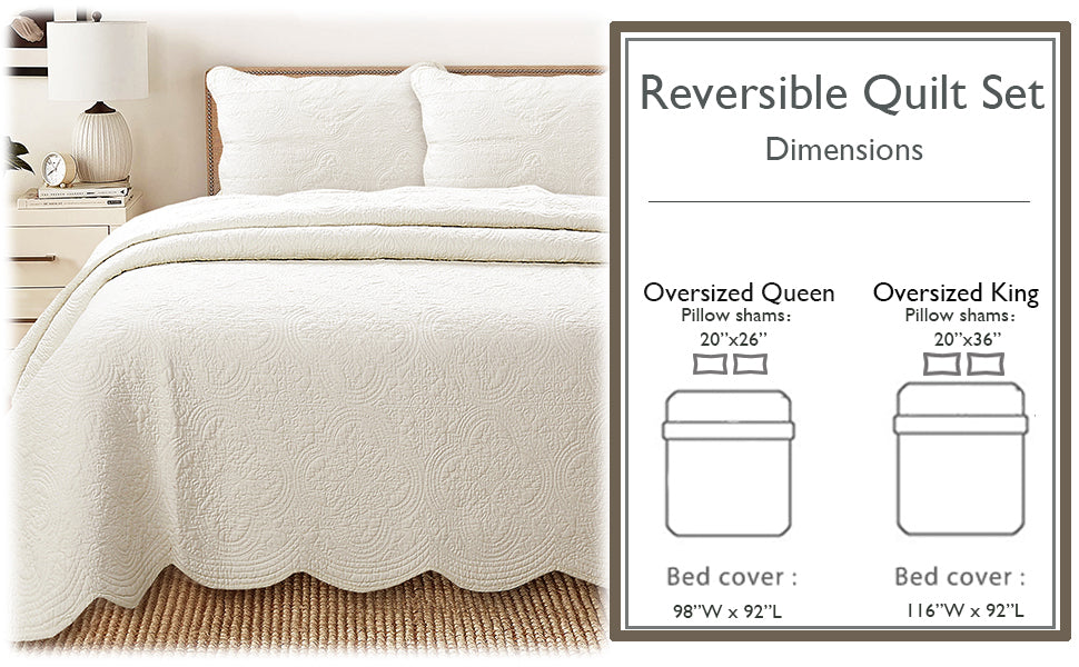 Serenity Ivory Victorian Scalloped Medallion Floral Pure Solid Cotton Reversible Quilt Bedding Set