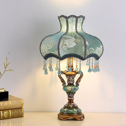 Victorian Floral Table Lamp – Lace Lampshade & Beaded Fringe, Antique Bedside Night Light