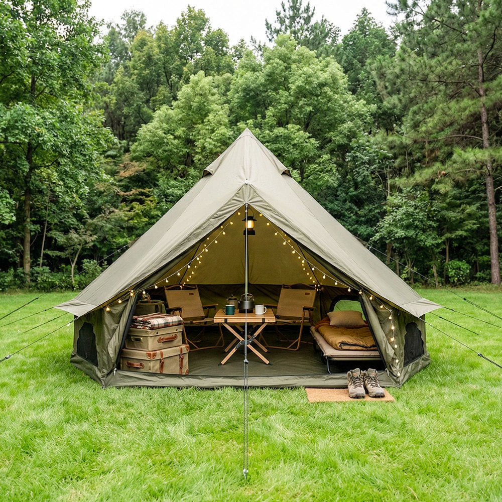 13.1FT 4-Season Bell Tent for 8 People | Glamping Yurt with Stove Jack, Roll-Up Walls & Mesh Ventilation — Green/Beige