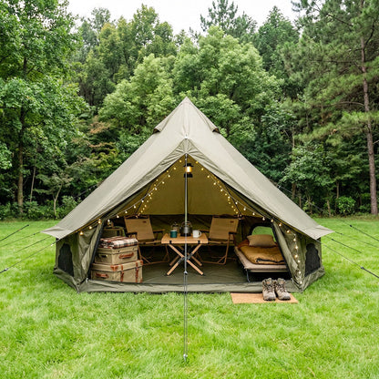 13.1FT 4-Season Bell Tent for 8 People | Glamping Yurt with Stove Jack, Roll-Up Walls & Mesh Ventilation — Green/Beige