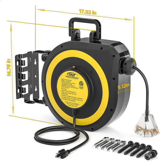 CRST 50ft Retractable Extension Cord Reel - 14AWG Heavy Duty, Lighted 3-Outlet Tap, 180° Swivel Mount, ETL Listed