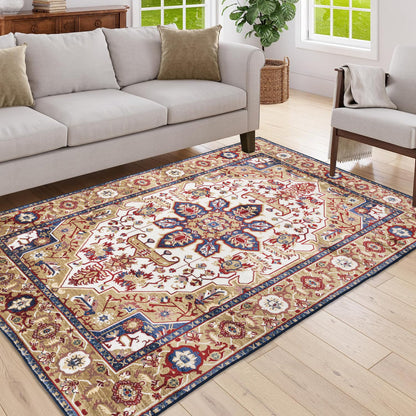 6×9 Vintage Bohemian Persian Area Rug | Washable Non-Slip Floral Design in Blue & Gold — For Living Room, Bedroom & Kitchen