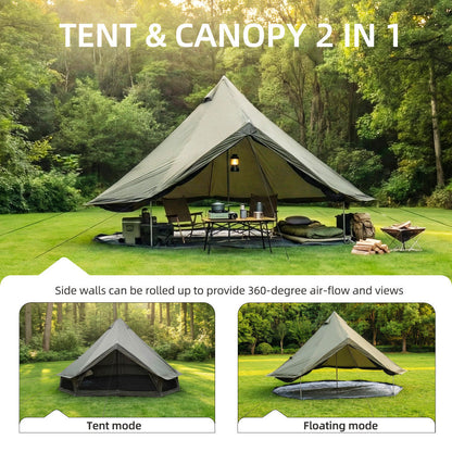 13.1FT 4-Season Bell Tent for 8 People | Glamping Yurt with Stove Jack, Roll-Up Walls & Mesh Ventilation — Green/Beige
