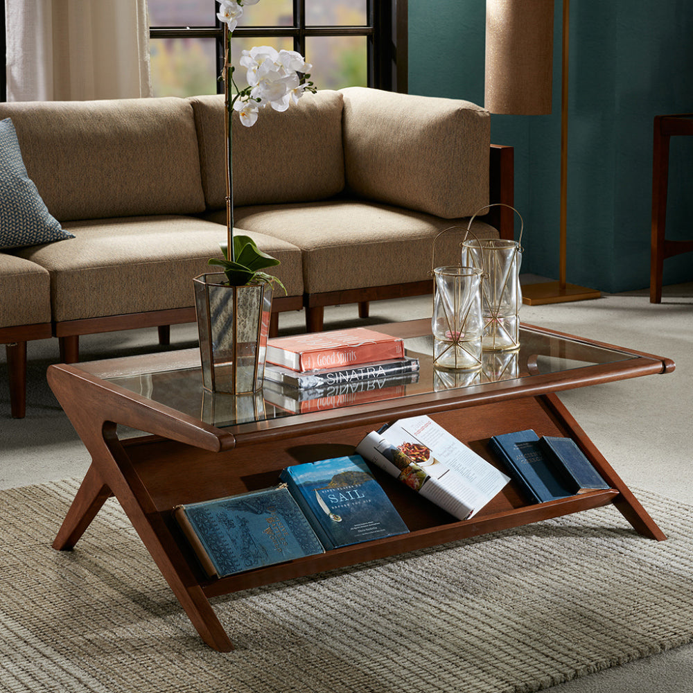 Coffee Table with Tempered Glass Top | Solid Wood Frame, Pecan Finish, Lower Shelf Storage