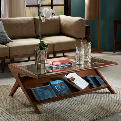 Coffee Table with Tempered Glass Top | Solid Wood Frame, Pecan Finish, Lower Shelf Storage