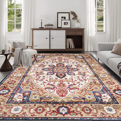 6×9 Vintage Bohemian Persian Area Rug | Washable Non-Slip Floral Design in Blue & Gold — For Living Room, Bedroom & Kitchen