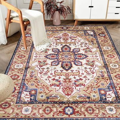 6×9 Vintage Bohemian Persian Area Rug | Washable Non-Slip Floral Design in Blue & Gold — For Living Room, Bedroom & Kitchen