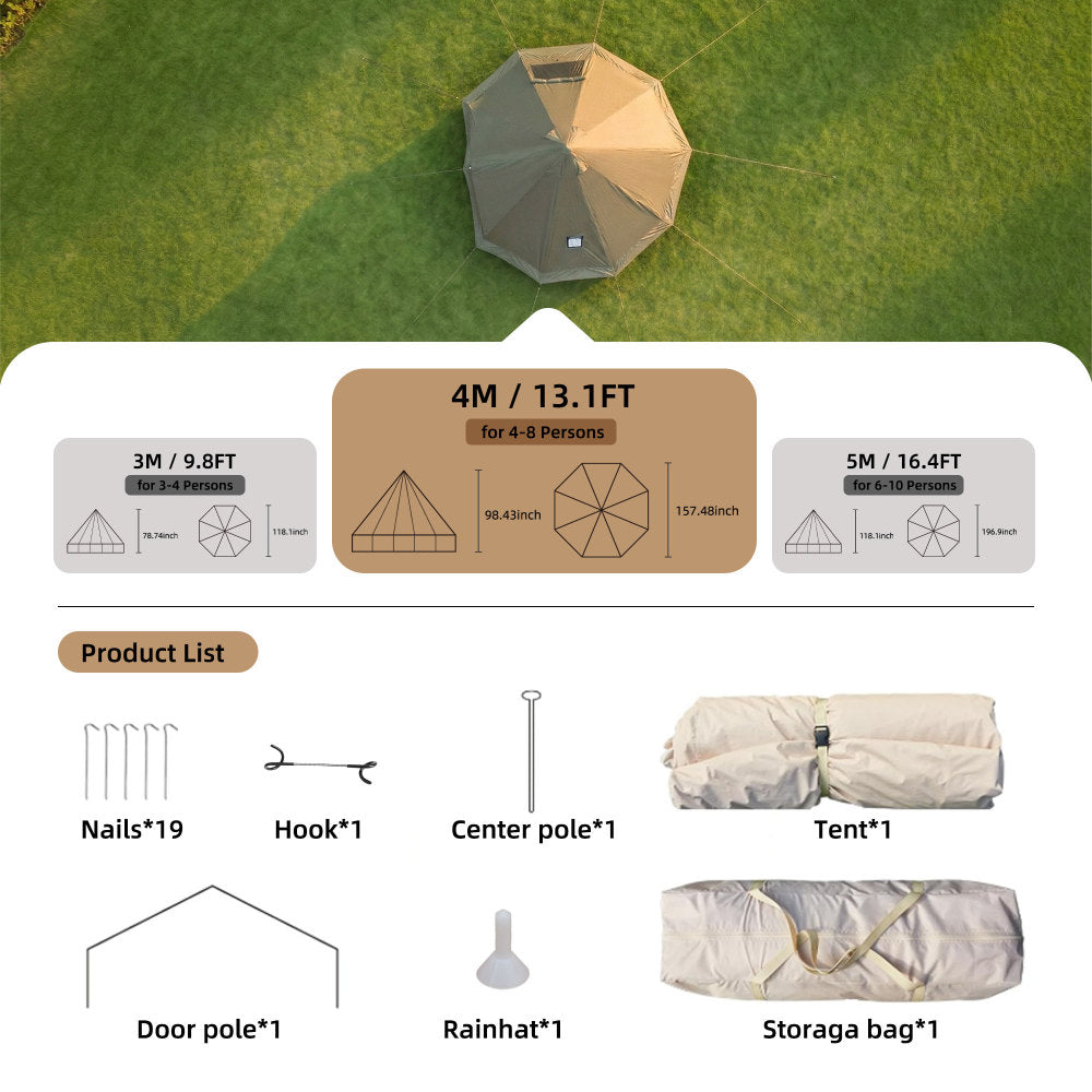 13.1FT 4-Season Bell Tent for 8 People | Glamping Yurt with Stove Jack, Roll-Up Walls & Mesh Ventilation — Green/Beige