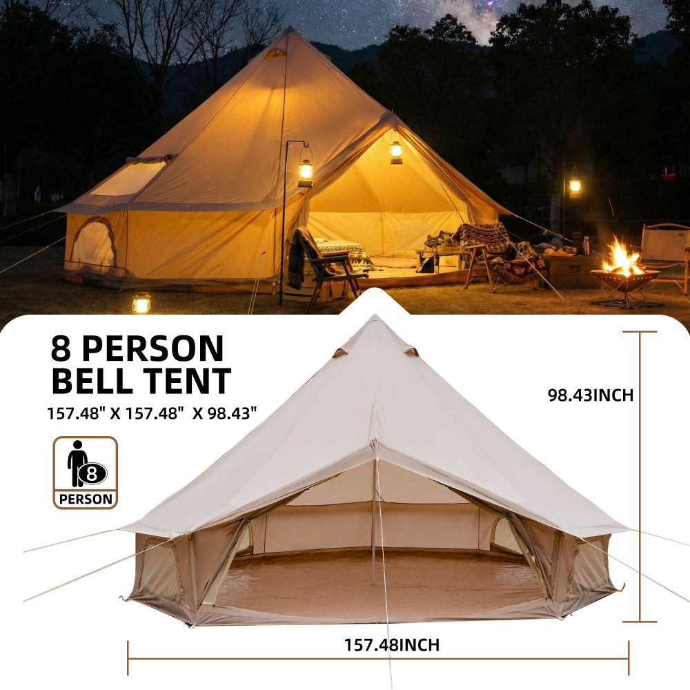 13.1FT 4-Season Bell Tent for 8 People | Glamping Yurt with Stove Jack, Roll-Up Walls & Mesh Ventilation — Green/Beige