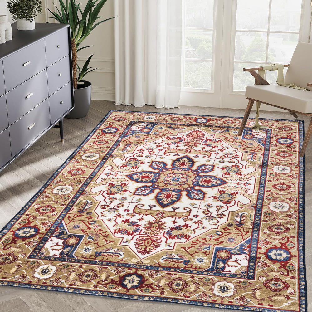6×9 Vintage Bohemian Persian Area Rug | Washable Non-Slip Floral Design in Blue & Gold — For Living Room, Bedroom & Kitchen