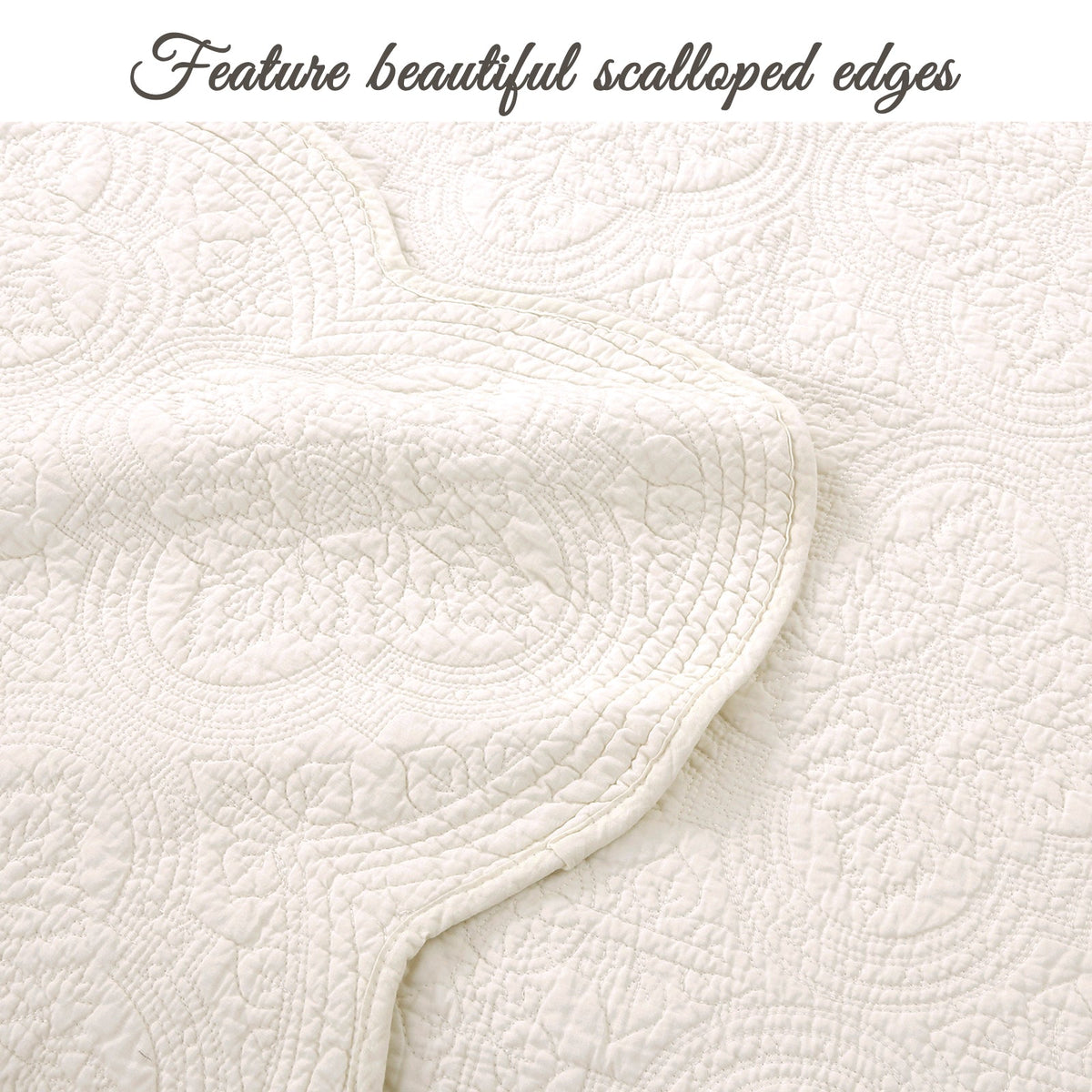Serenity Ivory Victorian Scalloped Medallion Floral Pure Solid Cotton Reversible Quilt  Bedding Set