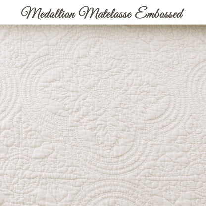 Serenity Ivory Victorian Scalloped Medallion Floral Pure Solid Cotton Reversible Quilt  Bedding Set