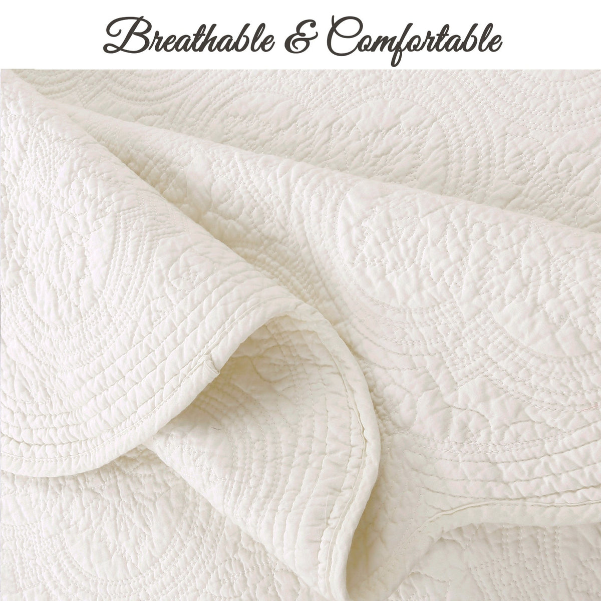 Serenity Ivory Victorian Scalloped Medallion Floral Pure Solid Cotton Reversible Quilt  Bedding Set