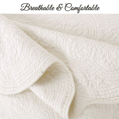 Serenity Ivory Victorian Scalloped Medallion Floral Pure Solid Cotton Reversible Quilt  Bedding Set