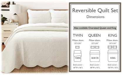 Serenity Ivory Victorian Scalloped Medallion Floral Pure Solid Cotton Reversible Quilt  Bedding Set