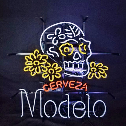 Cerveza Modelo Beer Skull Bone Neon Signs