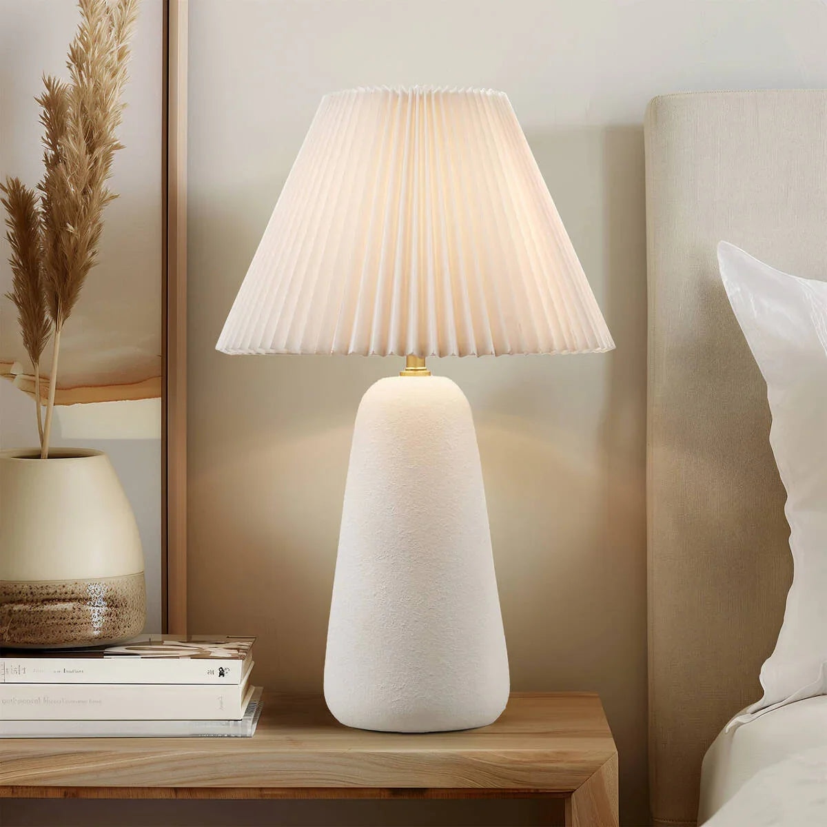 Ceramic Table Lamp – Textured Matte White Base, Fluted Fabric Shade & LED Bulb Included