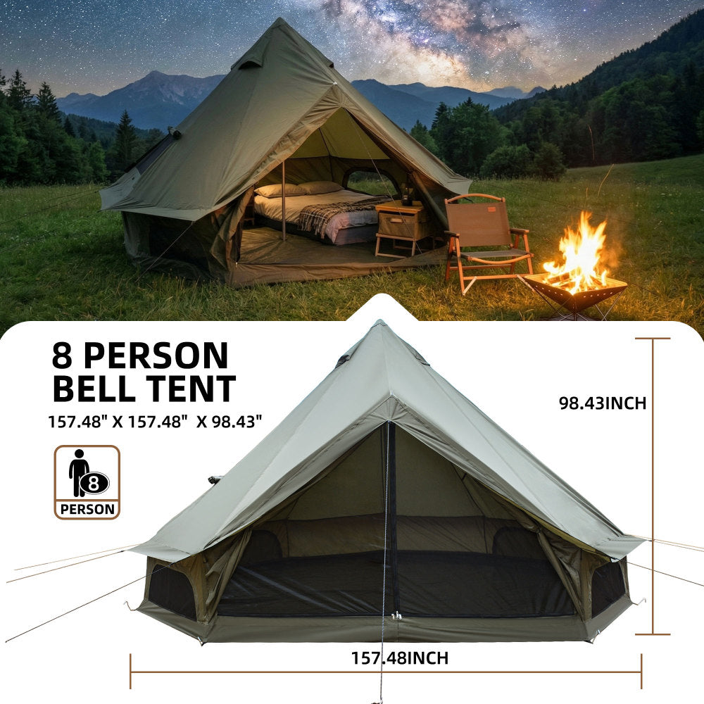 13.1FT 4-Season Bell Tent for 8 People | Glamping Yurt with Stove Jack, Roll-Up Walls & Mesh Ventilation — Green/Beige