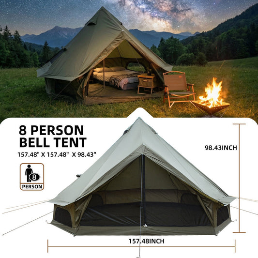 13.1FT 4-Season Bell Tent for 8 People | Glamping Yurt with Stove Jack, Roll-Up Walls & Mesh Ventilation — Green/Beige