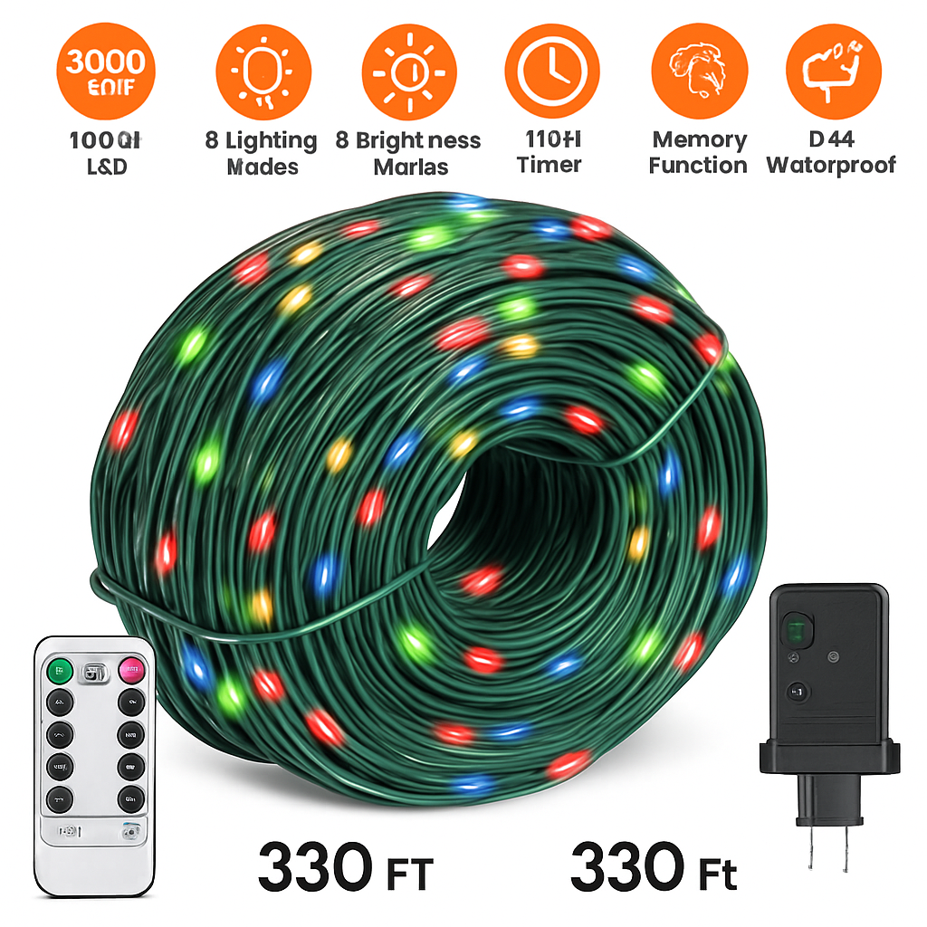 330FT 1000LED String Lights Outdoor Christmas Decoration Lights with Remote IP44 Waterproof 8 Lighting Modes 8 Brightness Timer Plug In Fairy Light Xm