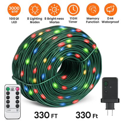 330FT 1000LED String Lights Outdoor Christmas Decoration Lights with Remote IP44 Waterproof 8 Lighting Modes 8 Brightness Timer Plug In Fairy Light Xm