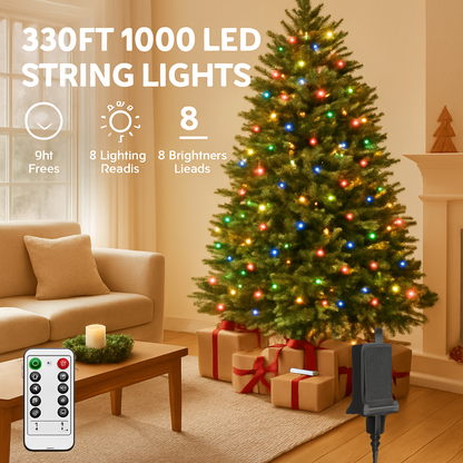 330FT 1000LED String Lights Outdoor Christmas Decoration Lights with Remote IP44 Waterproof 8 Lighting Modes 8 Brightness Timer Plug In Fairy Light Xm