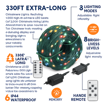 330FT 1000LED String Lights Outdoor Christmas Decoration Lights with Remote IP44 Waterproof 8 Lighting Modes 8 Brightness Timer Plug In Fairy Light Xm