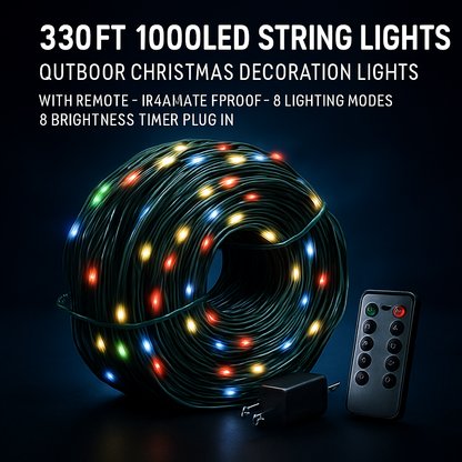 330FT 1000LED String Lights Outdoor Christmas Decoration Lights with Remote IP44 Waterproof 8 Lighting Modes 8 Brightness Timer Plug In Fairy Light Xm