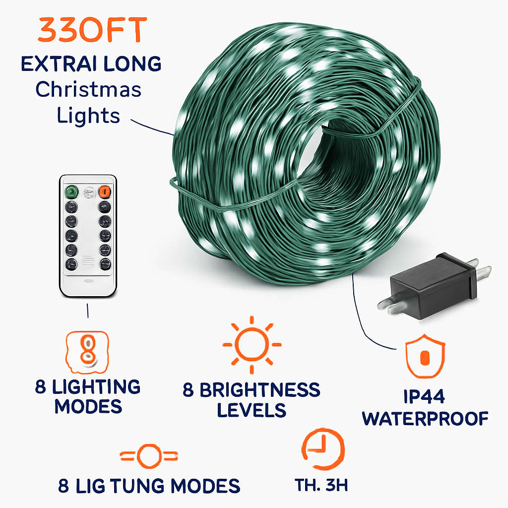 330FT 1000LED String Lights Outdoor Christmas Decoration Lights with Remote IP44 Waterproof 8 Lighting Modes 8 Brightness Timer Plug In Fairy Light Xm