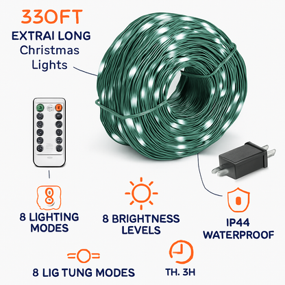 330FT 1000LED String Lights Outdoor Christmas Decoration Lights with Remote IP44 Waterproof 8 Lighting Modes 8 Brightness Timer Plug In Fairy Light Xm