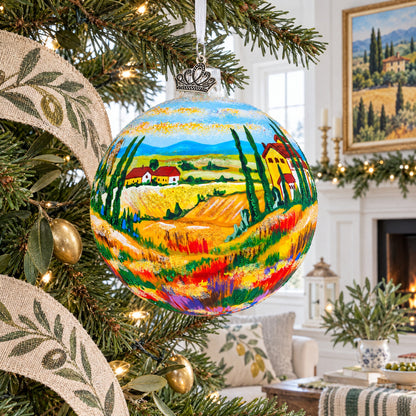 Tuscany, Italy Country Side Painting Glass Ball Christmas Ornament 4 Inches