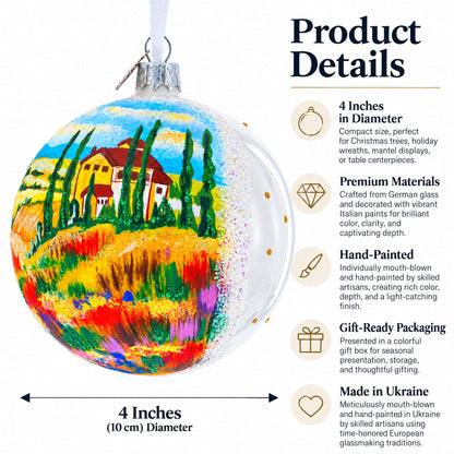 Tuscany, Italy Country Side Painting Glass Ball Christmas Ornament 4 Inches