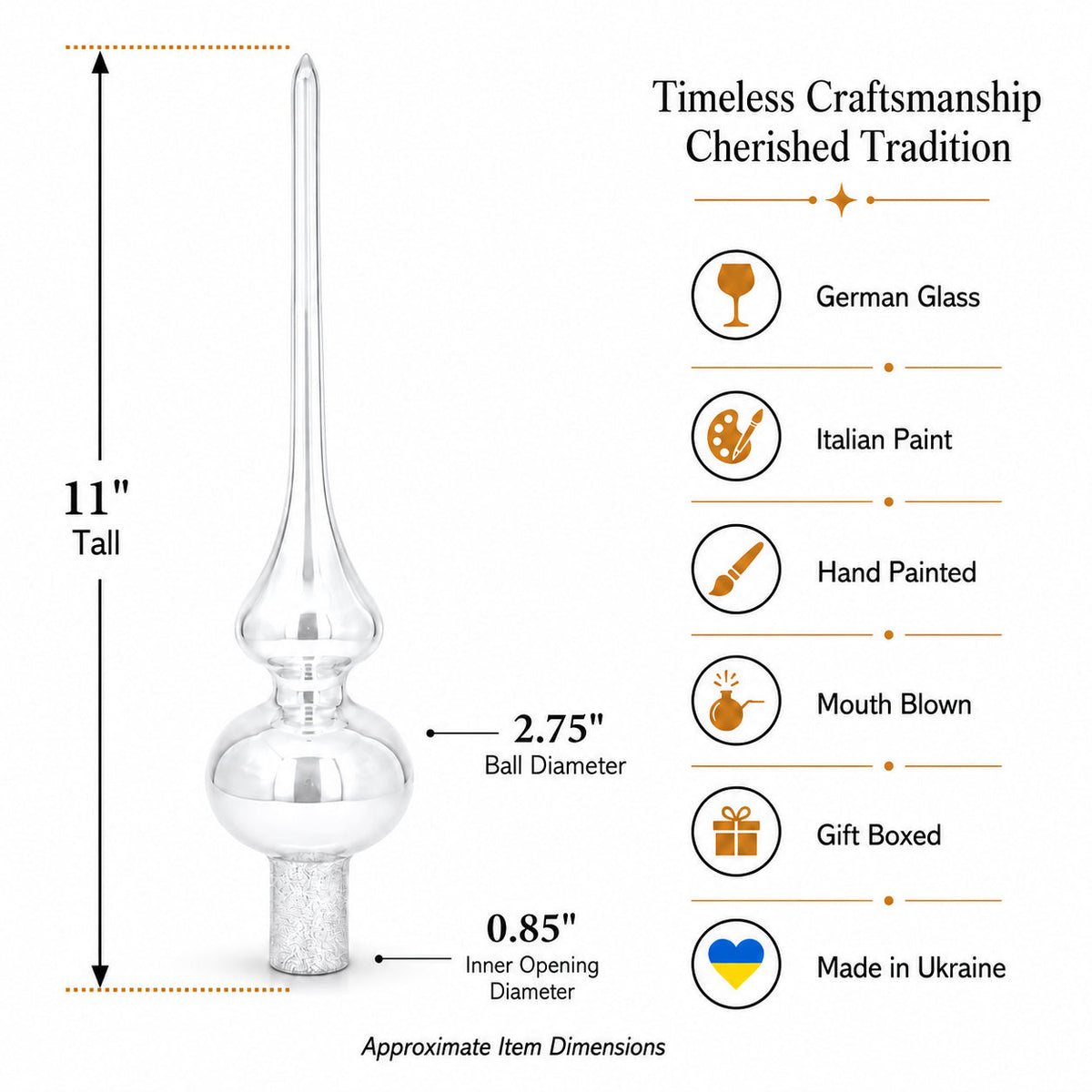 Clear Mouth-Blown Finial Glass Christmas Tree Topper 11 Inches